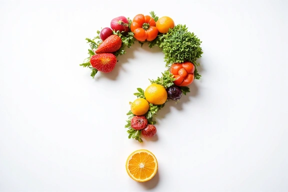 Un punto interrogativo stilizzato fatto di verdure e frutta, che simboleggia la demistificazione dei miti alimentari.